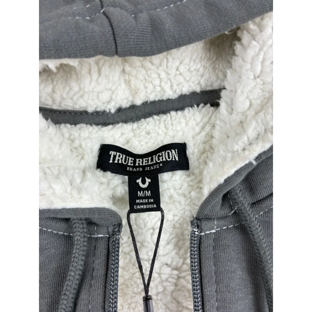 True Religion Mens Sherpa Lined Hoodie Gray Buddha Guitar Graphic ZipUp Jacket M